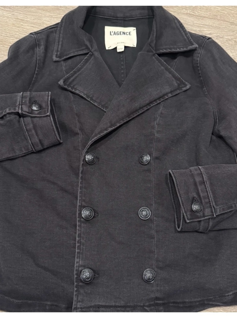 L'AGENCE Women’s M Double-Breasted Charcoal Pea Coat Denim
